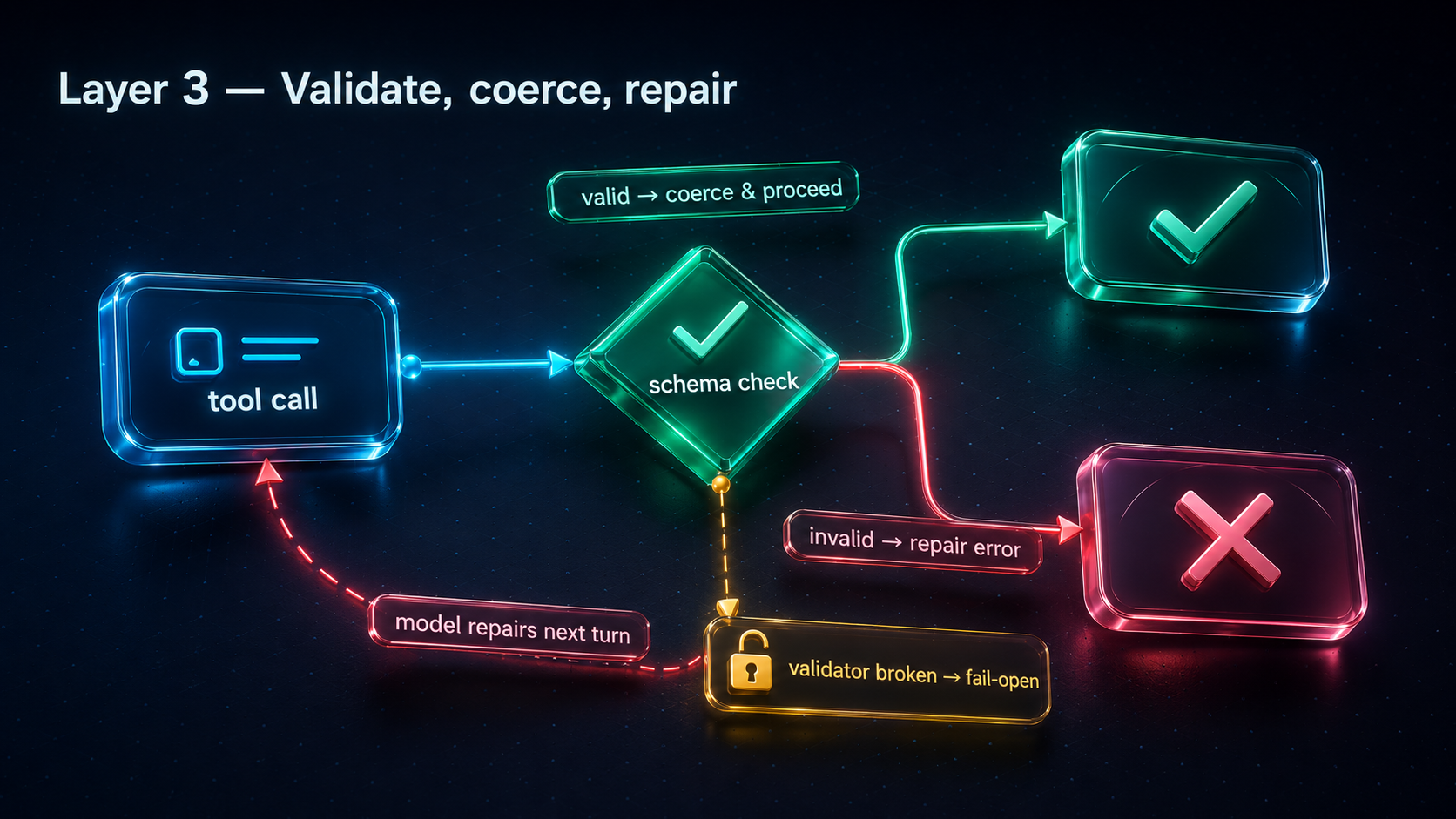 Layer 3 validates every tool call against its authored schema: valid calls are coerced and cleaned, invalid calls are blocked and returned as an actionable repair error so the model fixes itself on the next turn, and a broken validator fails open