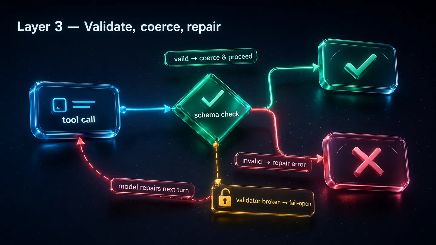 Layer 3 validates every tool call against its authored schema: valid calls are coerced and cleaned, invalid calls are blocked and returned as an actionable repair error so the model fixes itself on the next turn, and a broken validator fails open