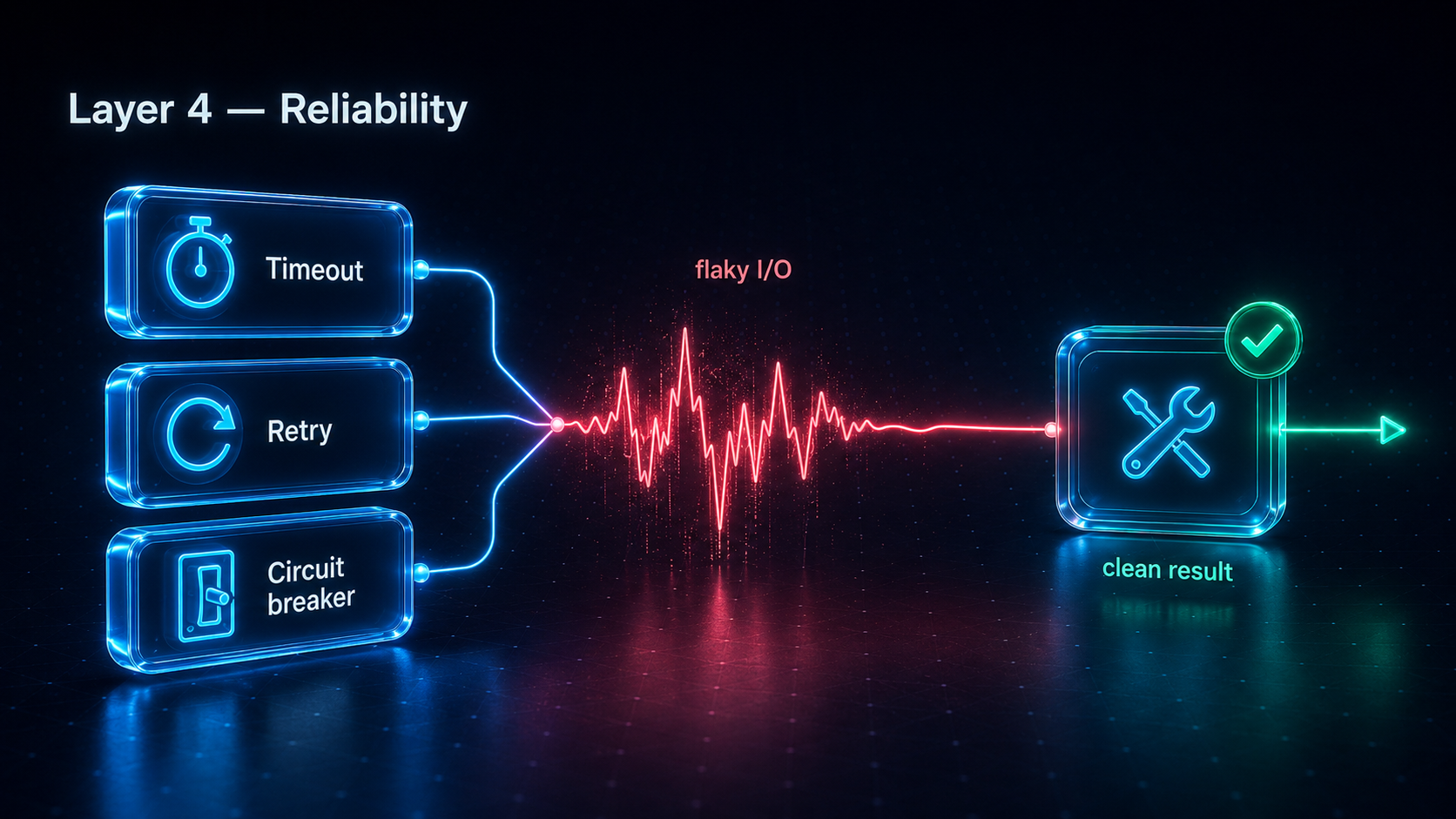 Layer 4 wraps tool execution in per-tool timeouts, retries that distinguish transient from terminal failures, and a circuit breaker, so a flaky dependency never masquerades as a bad result
