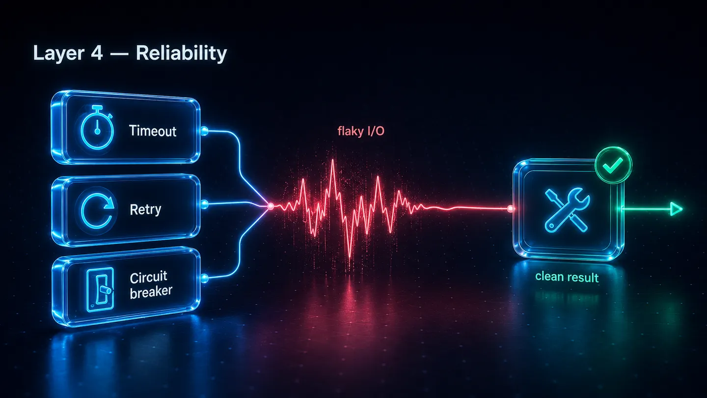 Layer 4 wraps tool execution in per-tool timeouts, retries that distinguish transient from terminal failures, and a circuit breaker, so a flaky dependency never masquerades as a bad result