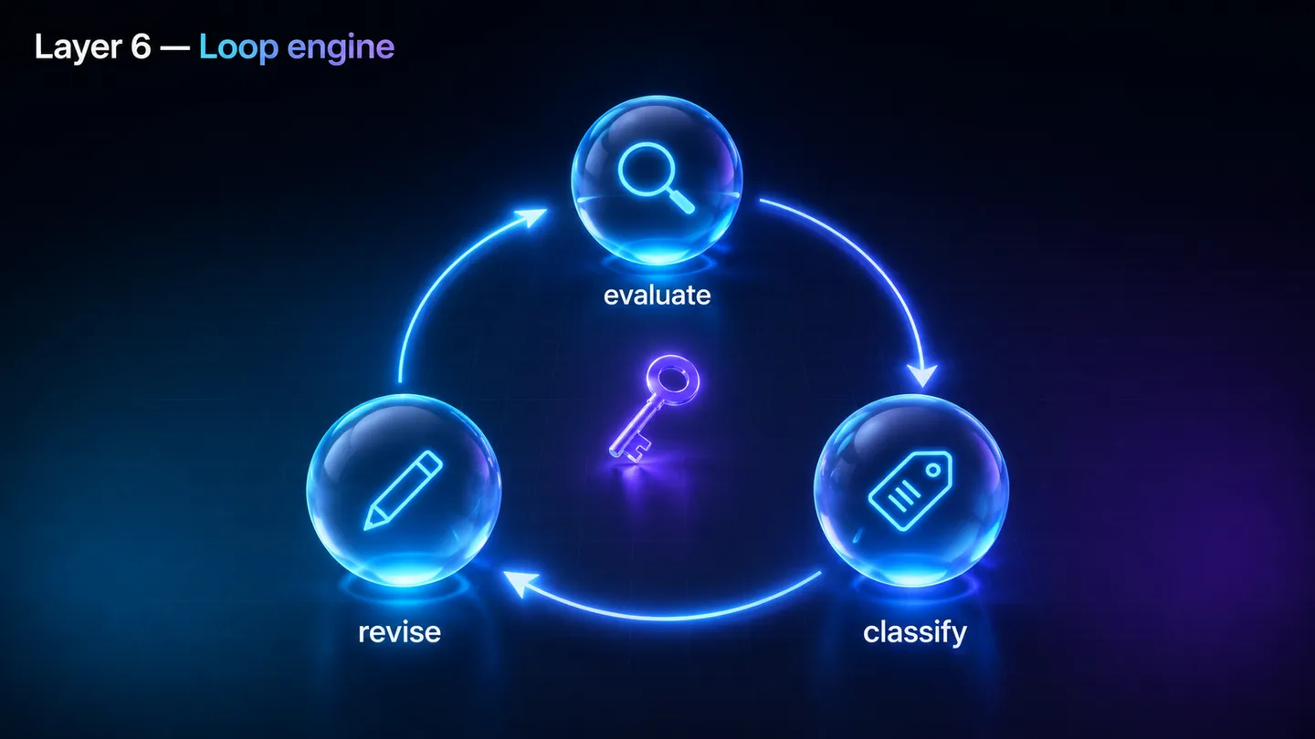 Layer 6 runs an evaluate, classify, revise cycle per attempt: it builds an evaluation context from the agent's real memory, classifies the verdict as finalize, retry, retrieve, ask-human, or halt, and revises by changing the input while reusing an idempotency key