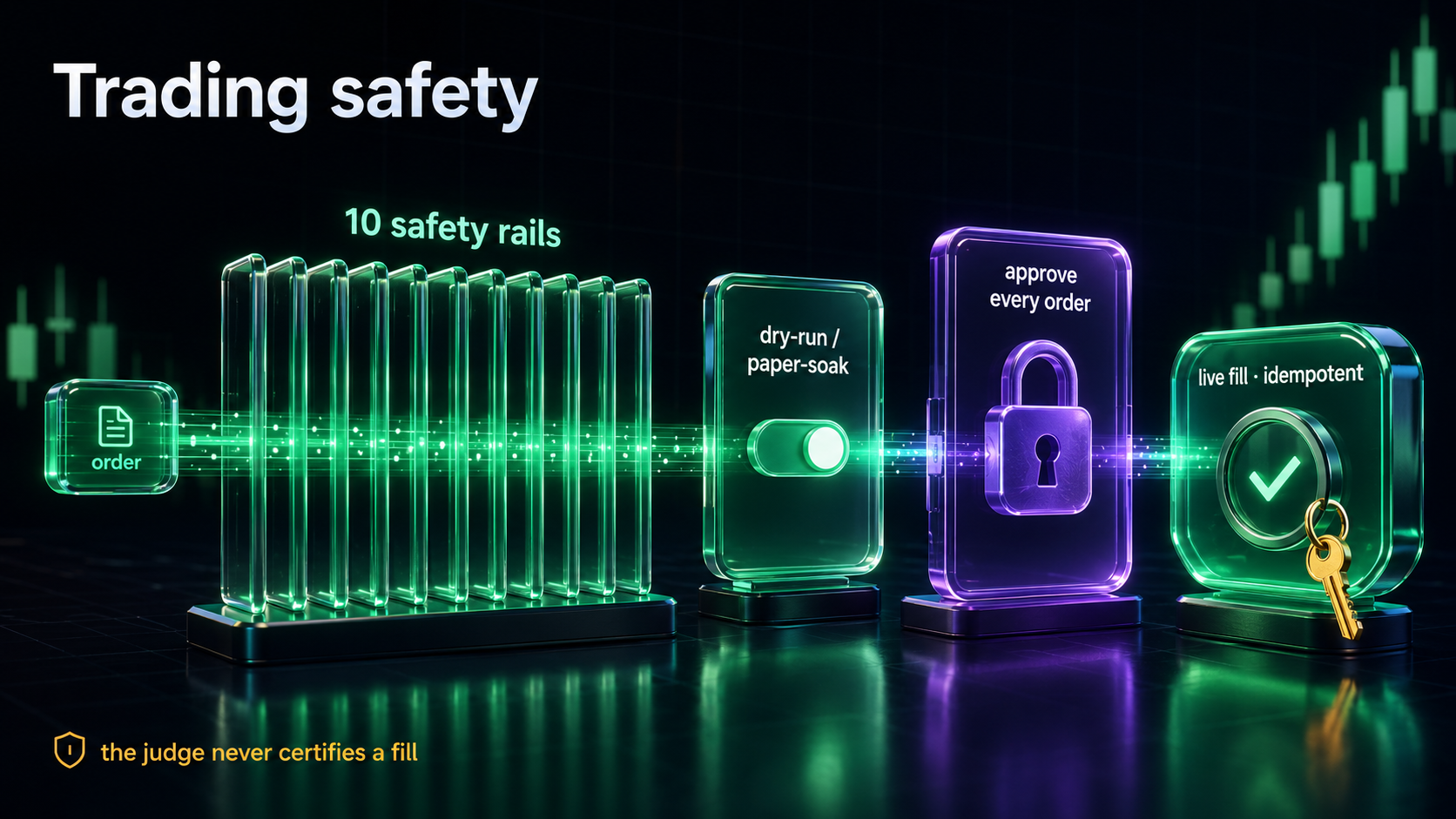 The trading overlay: orders route through ten safety rails, dry-run and paper-soak gating, human approval on every order, and an idempotent client order id, with the judge never certifying a fill