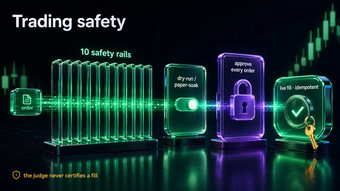 The trading overlay: orders route through ten safety rails, dry-run and paper-soak gating, human approval on every order, and an idempotent client order id, with the judge never certifying a fill