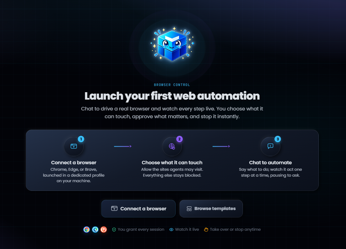 The Browser Control target picker with a choice of Chrome, Edge, and Brave and a one-click launch of a dedicated Melaya browser