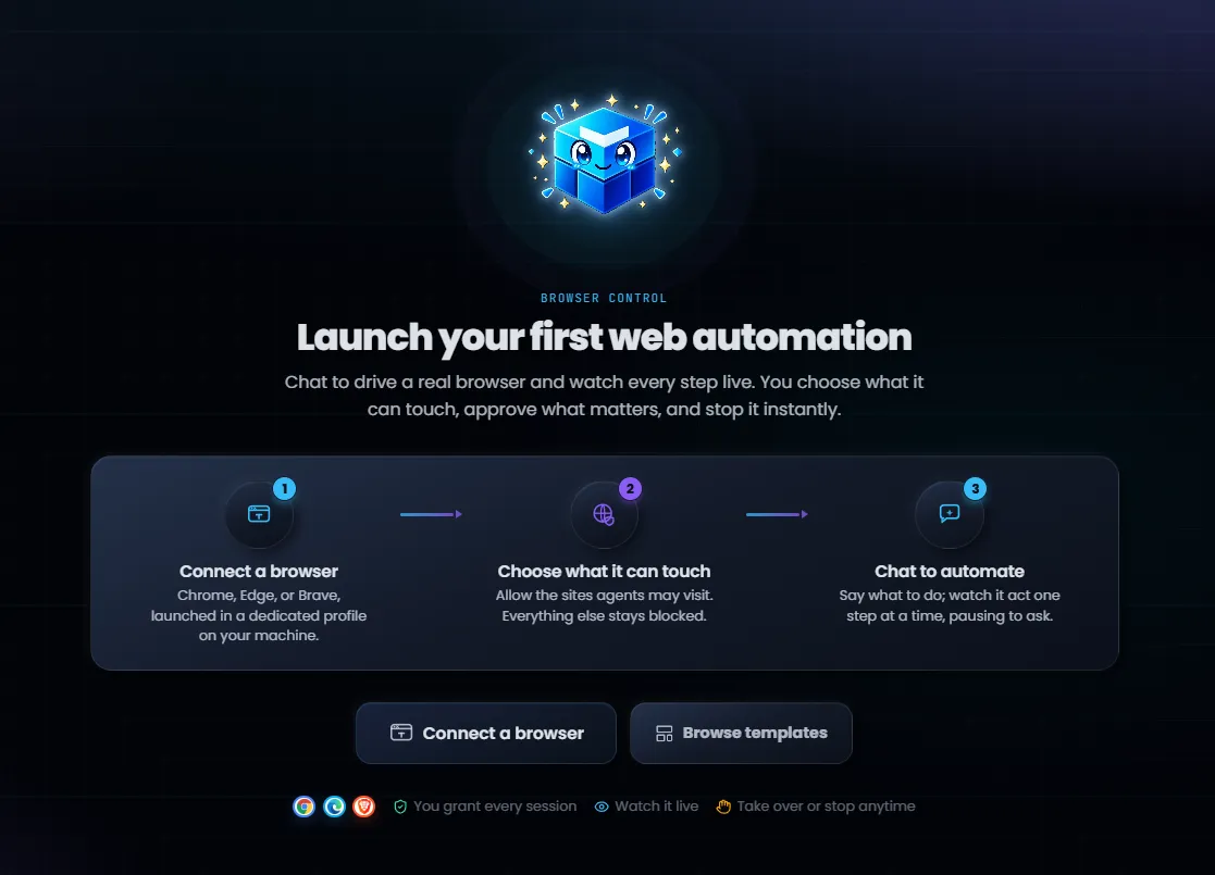 The Browser Control target picker with a choice of Chrome, Edge, and Brave and a one-click launch of a dedicated Melaya browser