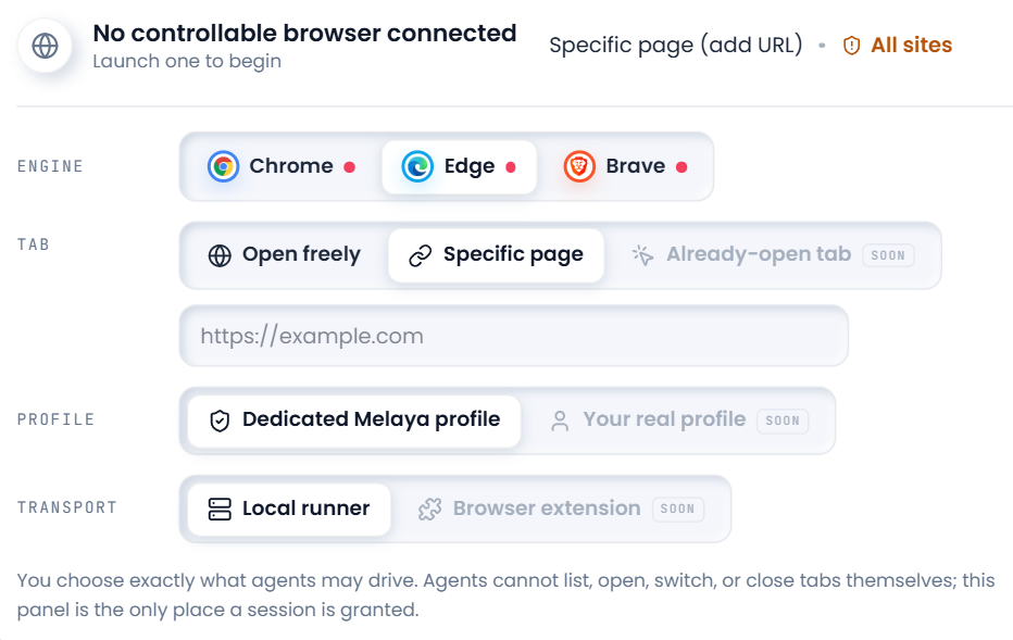 The Melaya browser extension popup with a Connect to Melaya button, next to the browser's own controlled-session banner