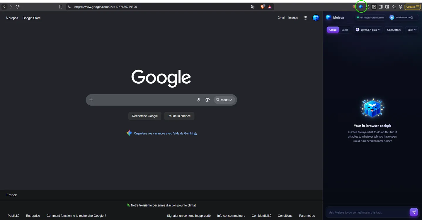 The Melaya browser extension side panel beside an active Chrome tab, showing cloud and local modes, a model picker, connectors, and autonomy controls