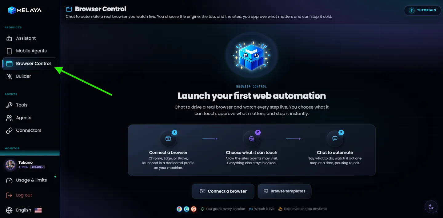 The Melaya navigation with Browser Control selected and the launch screen explaining how to connect a browser, choose allowed sites, and chat to automate