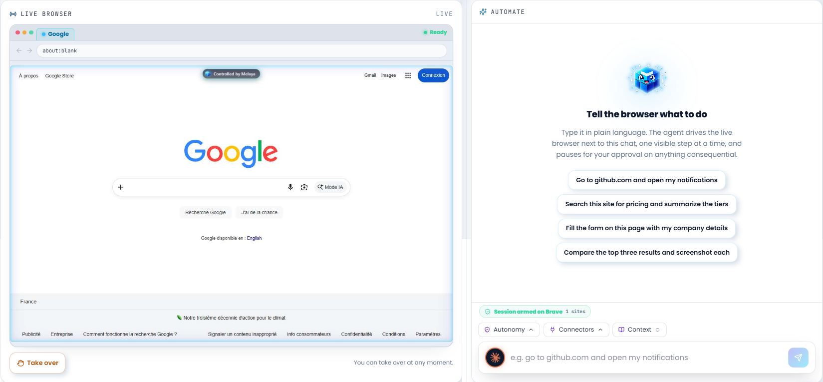 The Melaya Browser Control page with a live mirror of a session mid-run, showing the open tab strip and the agent working through a task