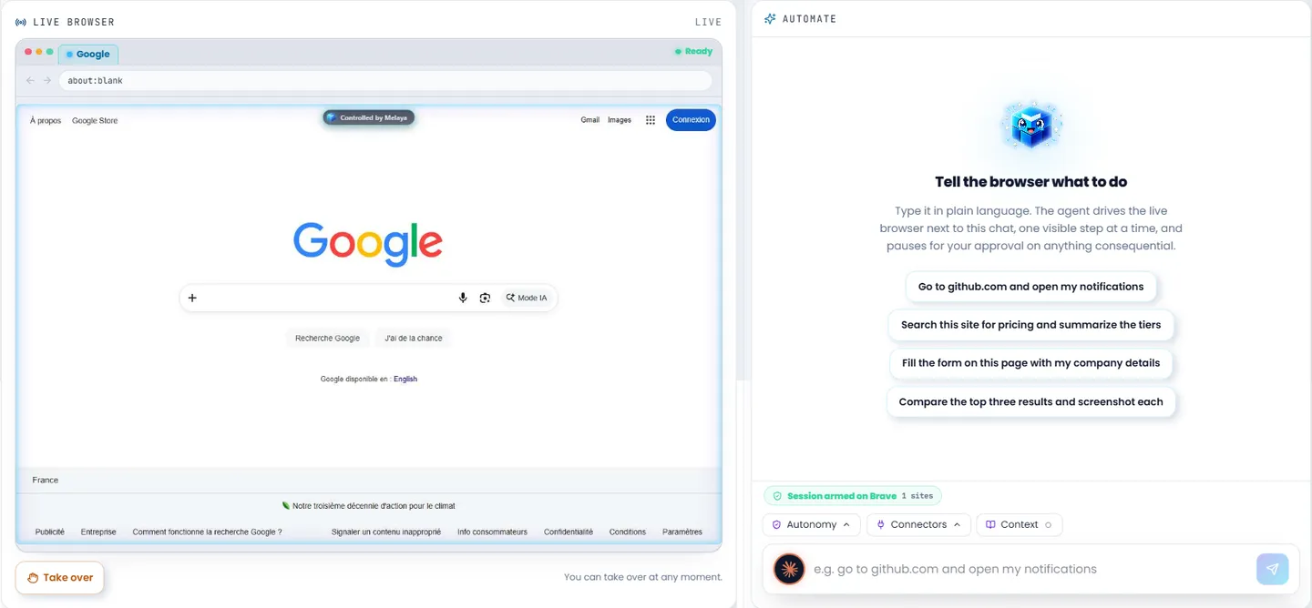 The Melaya Browser Control page with a live mirror of a session mid-run, showing the open tab strip and the agent working through a task