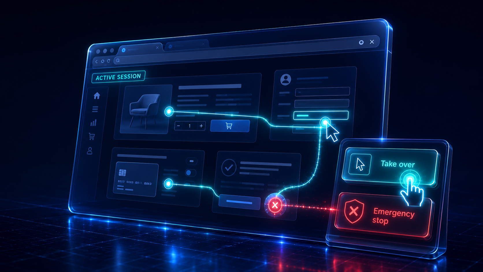 The take over and emergency stop controls on the Browser Control page during an active session