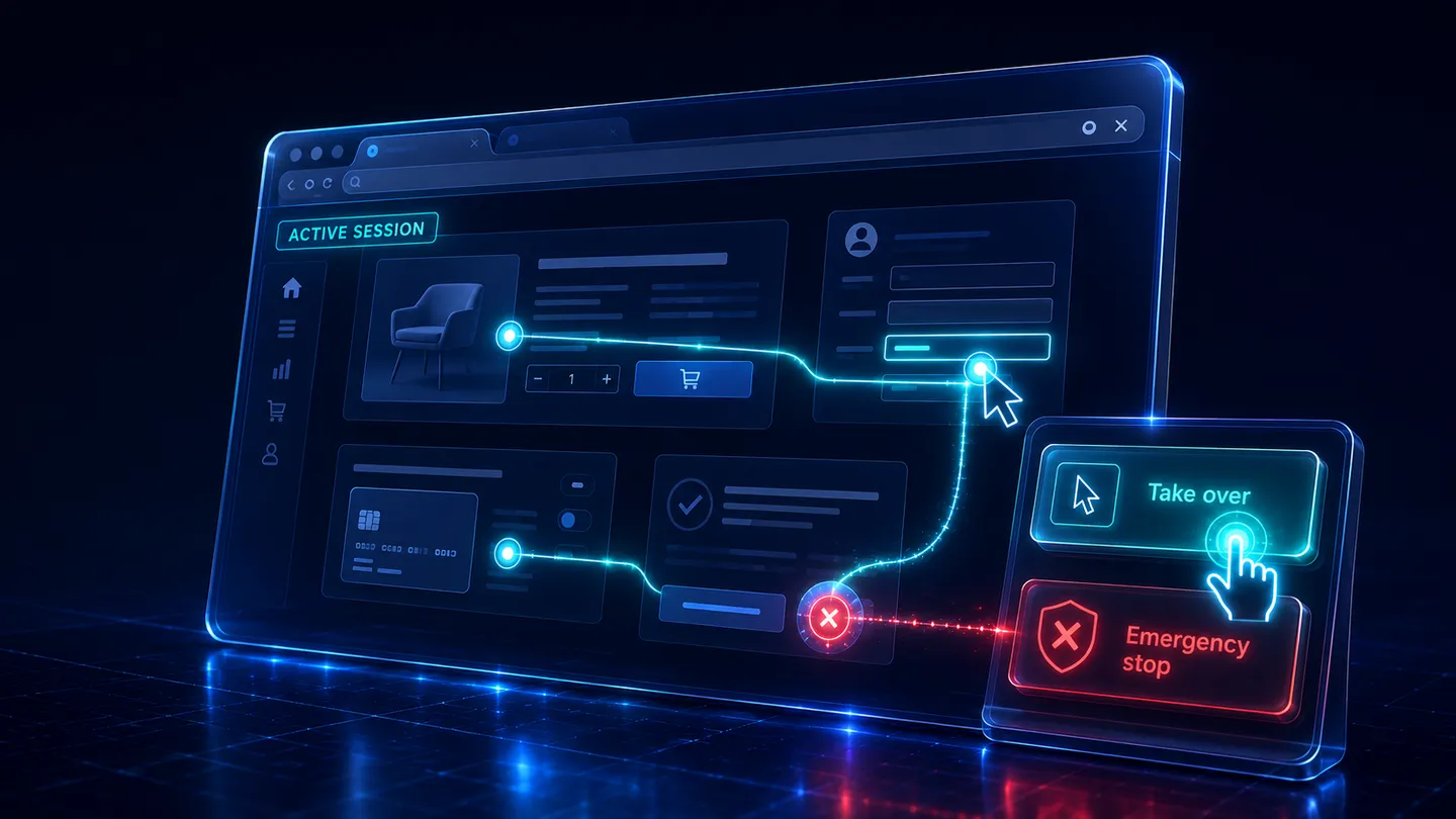 The take over and emergency stop controls on the Browser Control page during an active session