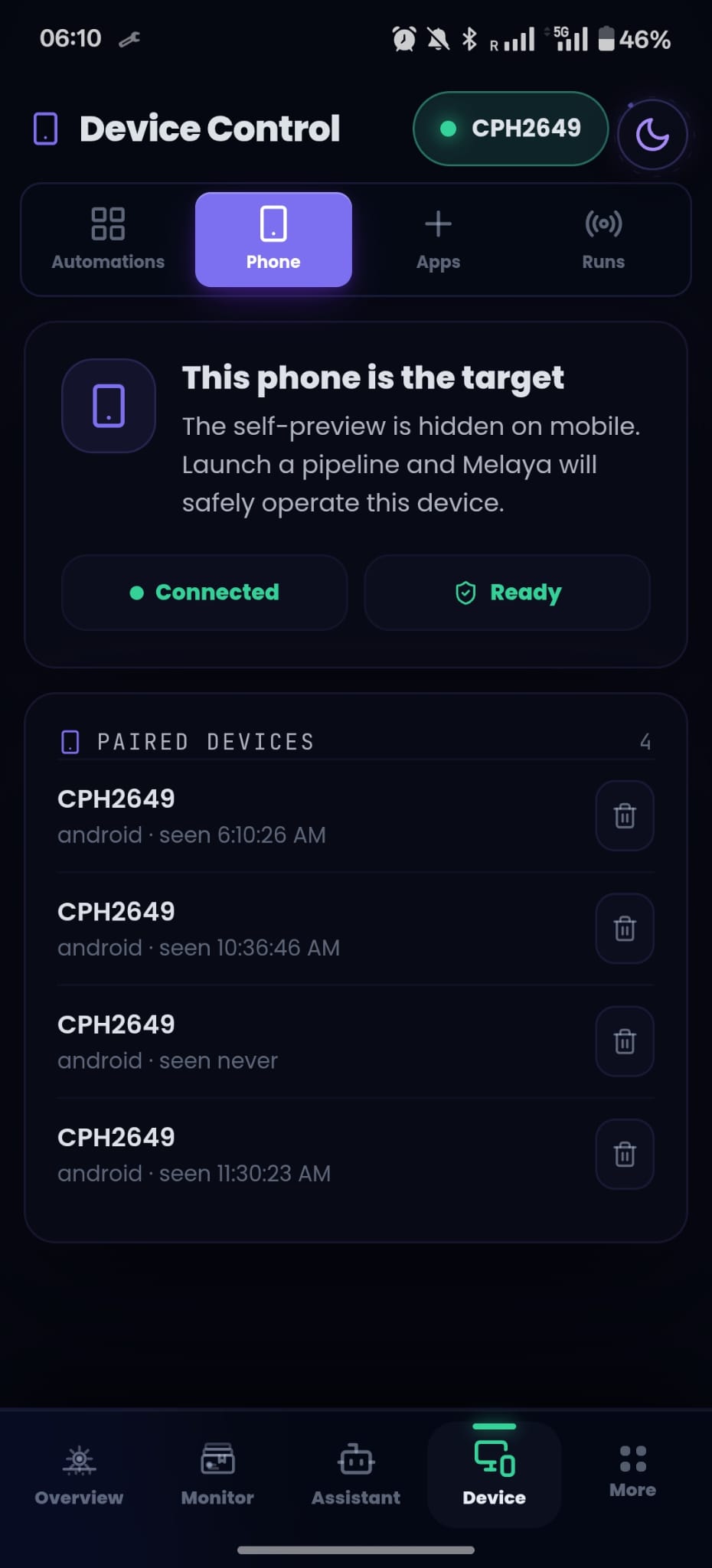 Device Control home on the paired phone