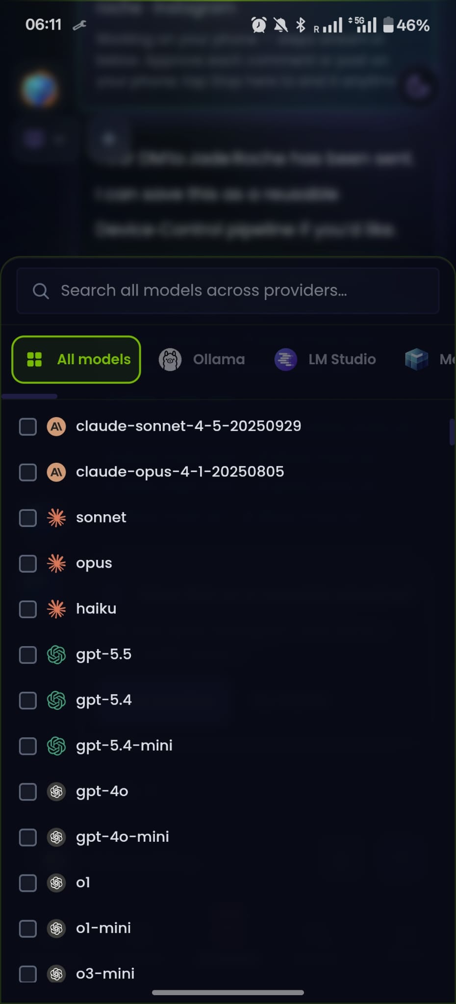Choosing a model on the device