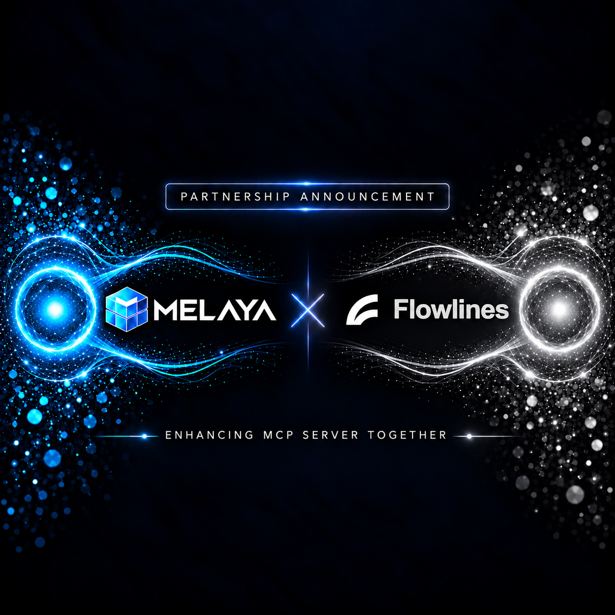 Melaya and Flowlines connected through a privacy boundary: colorful payload traffic stops at a shield, and only clean metadata reaches Flowlines