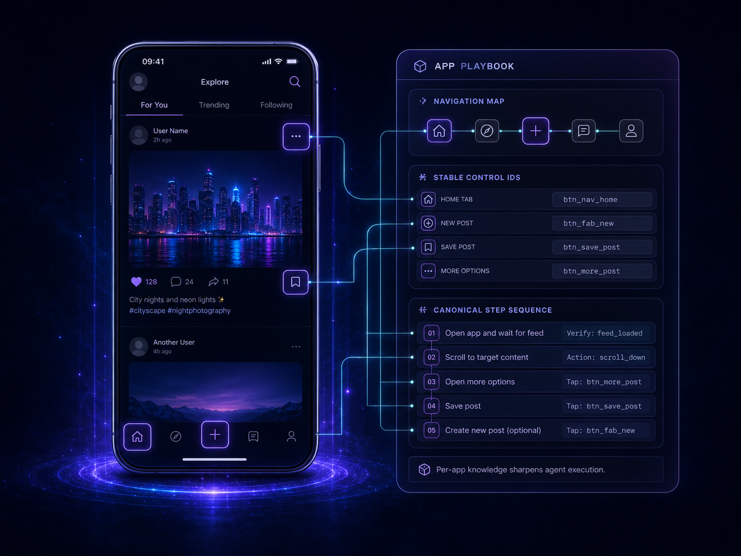 A Melaya app playbook in action: the agent navigating an app using its known flows and stable controls