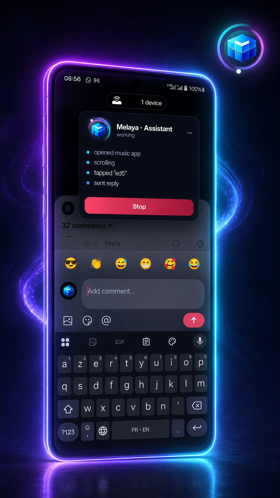 The Melaya working overlay on a phone: a neon border pulse and a live activity feed of the agent's actions