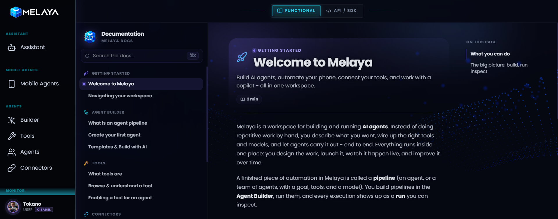 The Melaya documentation: guides for the Agent Builder, Device Control, the tool and function reference, and the API and SDKs
