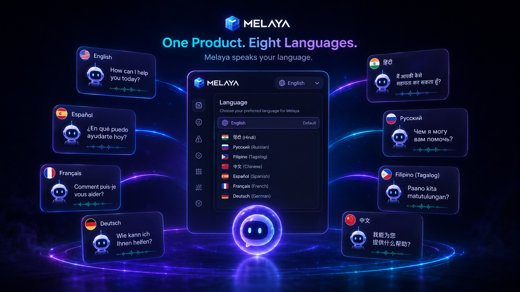 Melaya running natively in multiple languages, with Hindi, Russian and Tagalog added this month