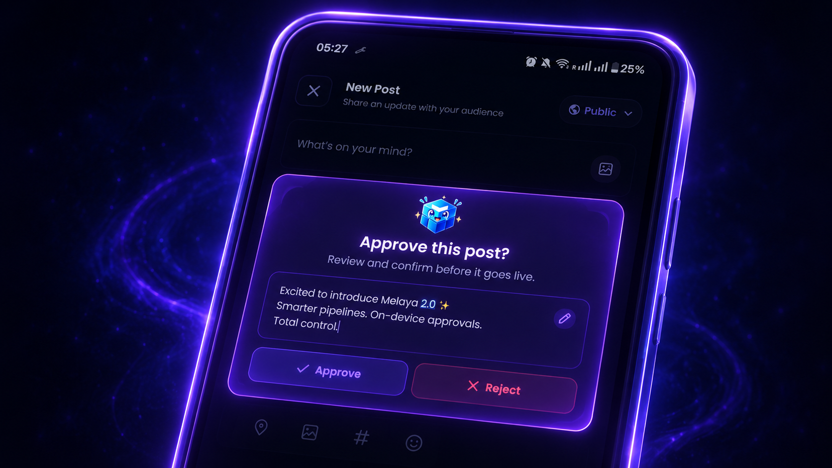 An on-device, editable approval card intercepting a post before it is published from a paired Android phone