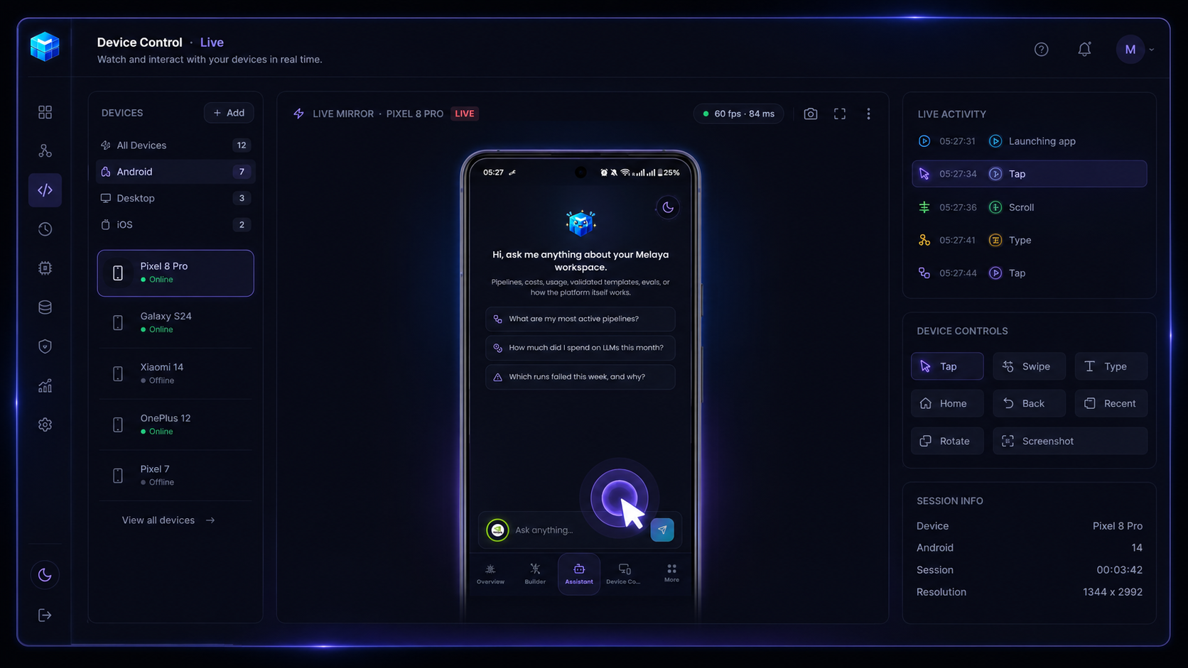 The live phone-screen mirror in Melaya Device Control, streaming the agent at work in real time