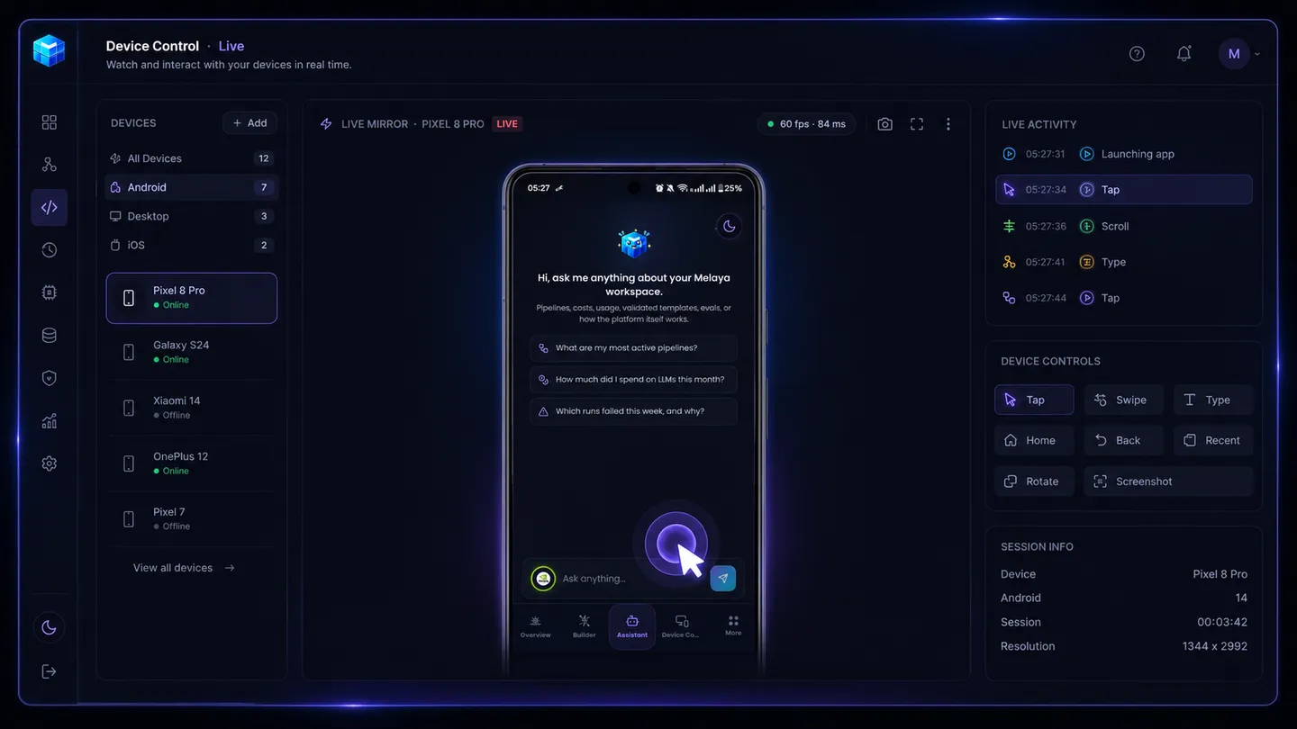 The live phone-screen mirror in Melaya Device Control, streaming the agent at work in real time