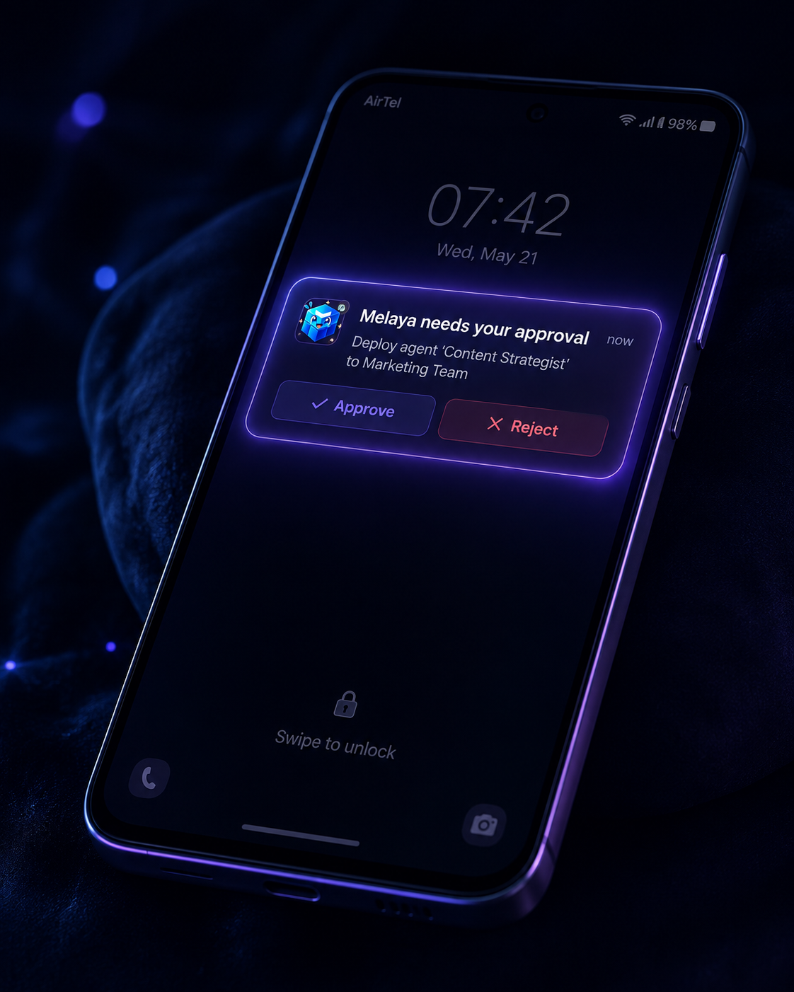 A heads-up Melaya approval notification waking a locked Android phone for the user to approve