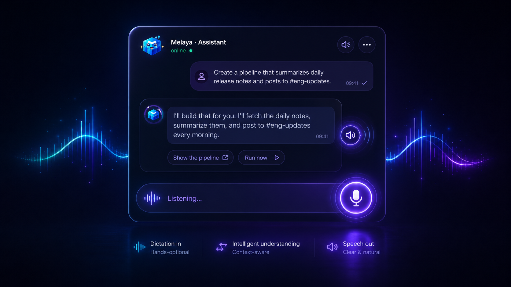Voice dictation and spoken replies in the Melaya Assistant