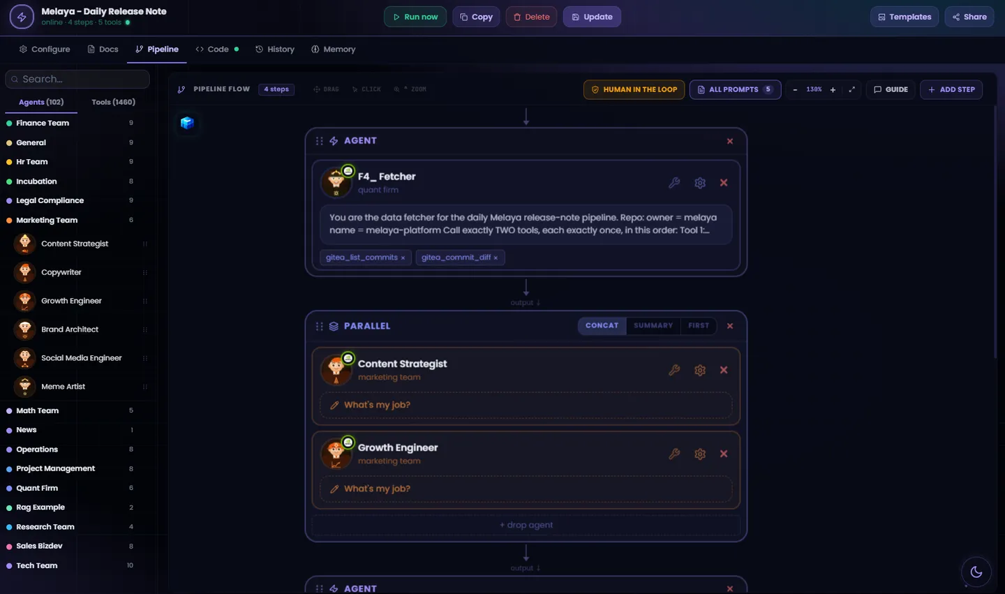 The Agent Builder canvas: agents, tools, triggers, and approval gates on one screen