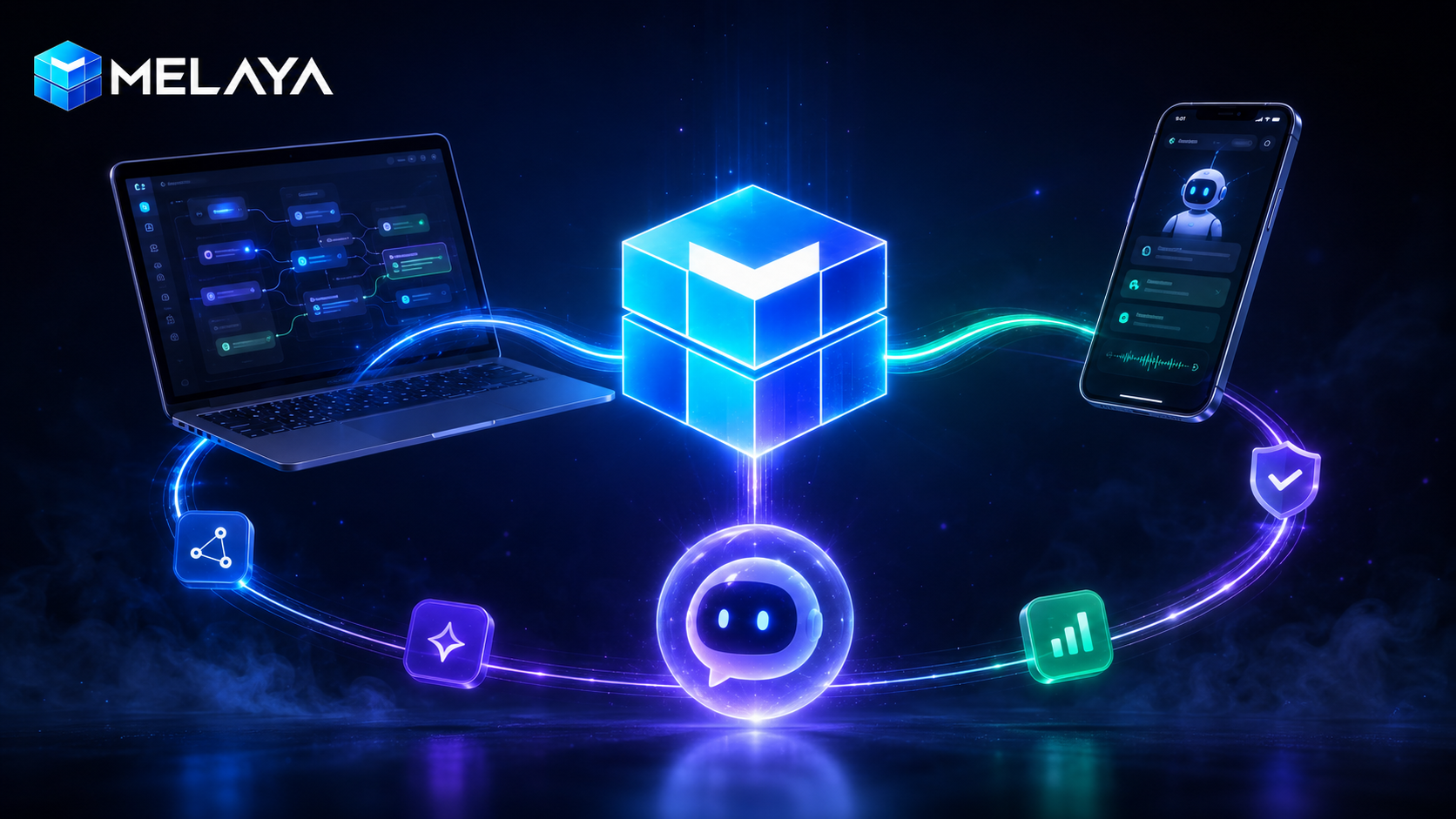 Melaya launch artwork: the visual agent builder, the assistant, and Device Control on Android