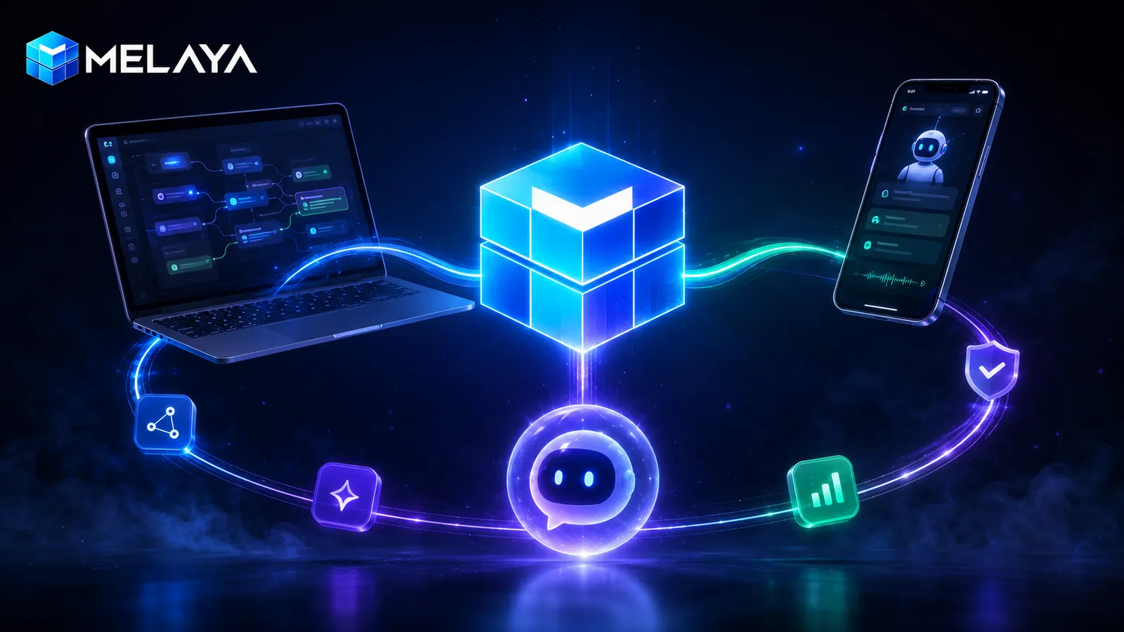 Melaya launch artwork: the visual agent builder, the assistant, and Device Control on Android