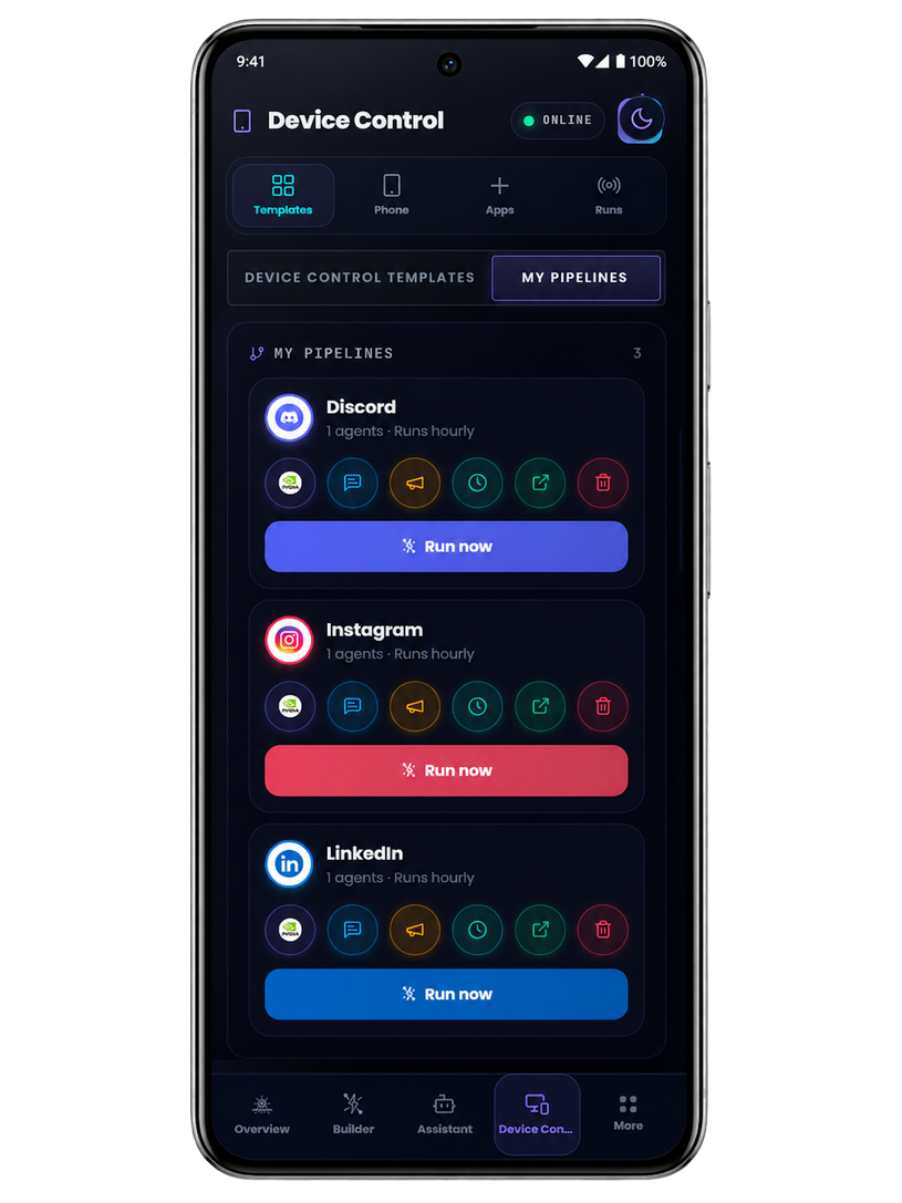 Melaya on Android: the full workspace, with Device Control built in