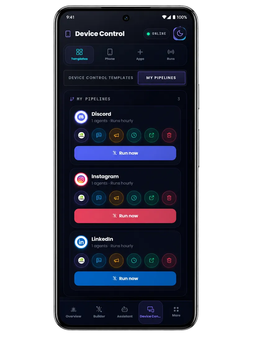 Melaya on Android: the full workspace, with Device Control built in