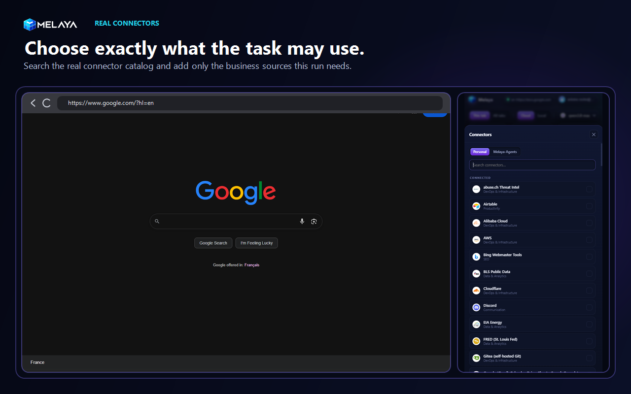 The Melaya browser extension connector picker showing connected services available to the current browser task