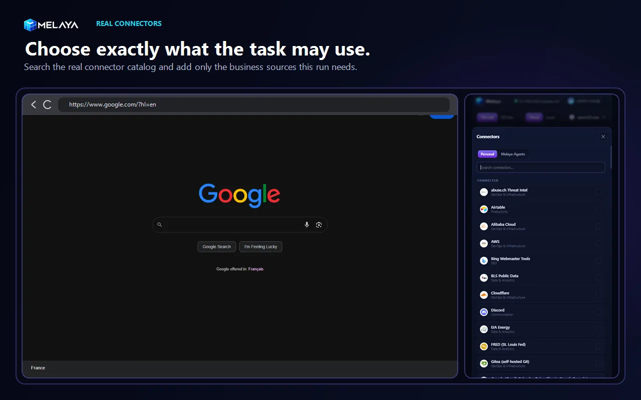 The Melaya browser extension connector picker showing connected services available to the current browser task