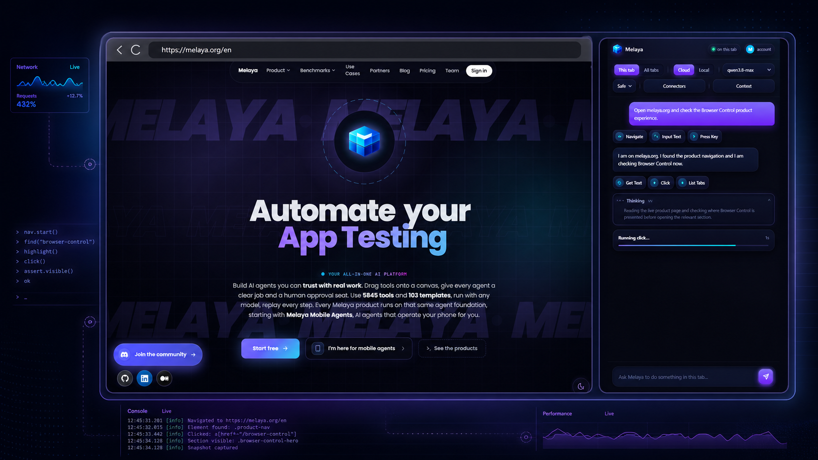 Melaya browser extension beside a live web page with visible browser-agent actions, reasoning, network, console, and performance diagnostics