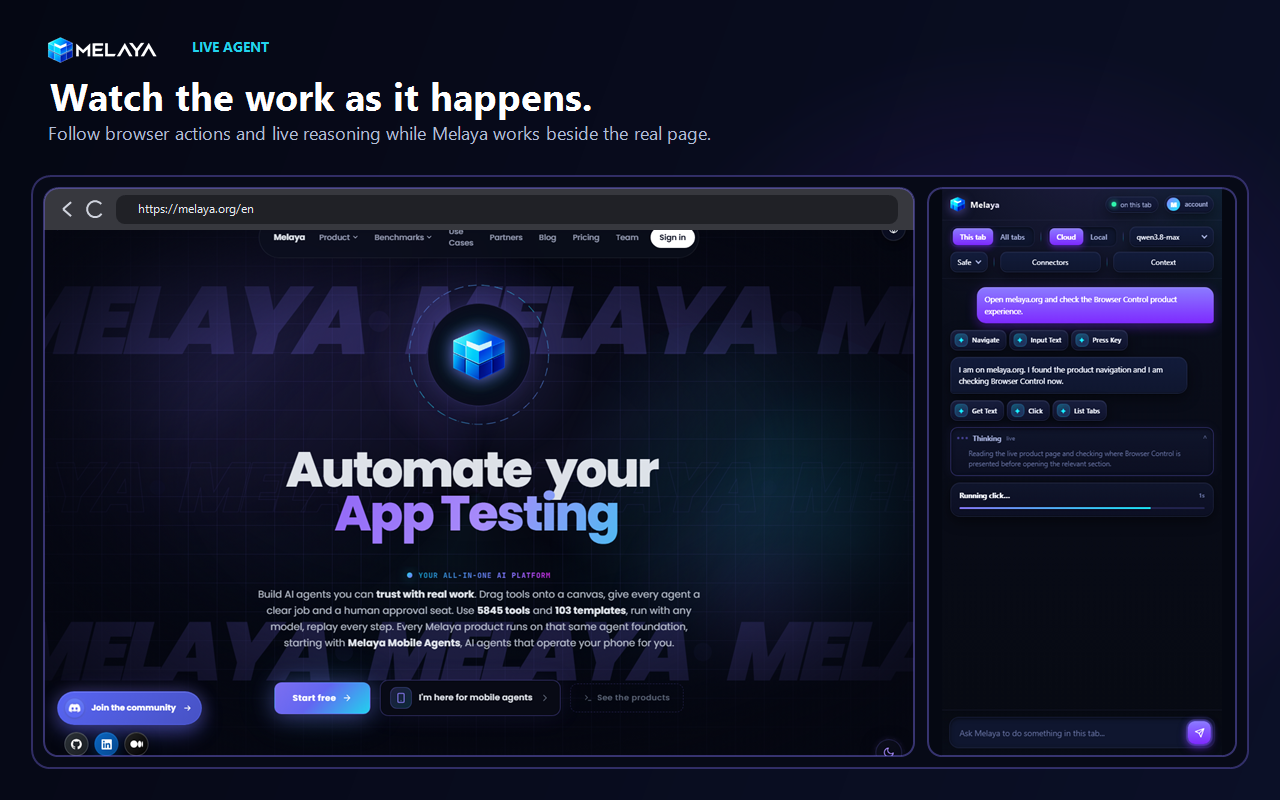 A real Melaya browser extension run showing a web page on the left and the complete agent side panel on the right with model, tab scope, tool calls, thinking, and progress
