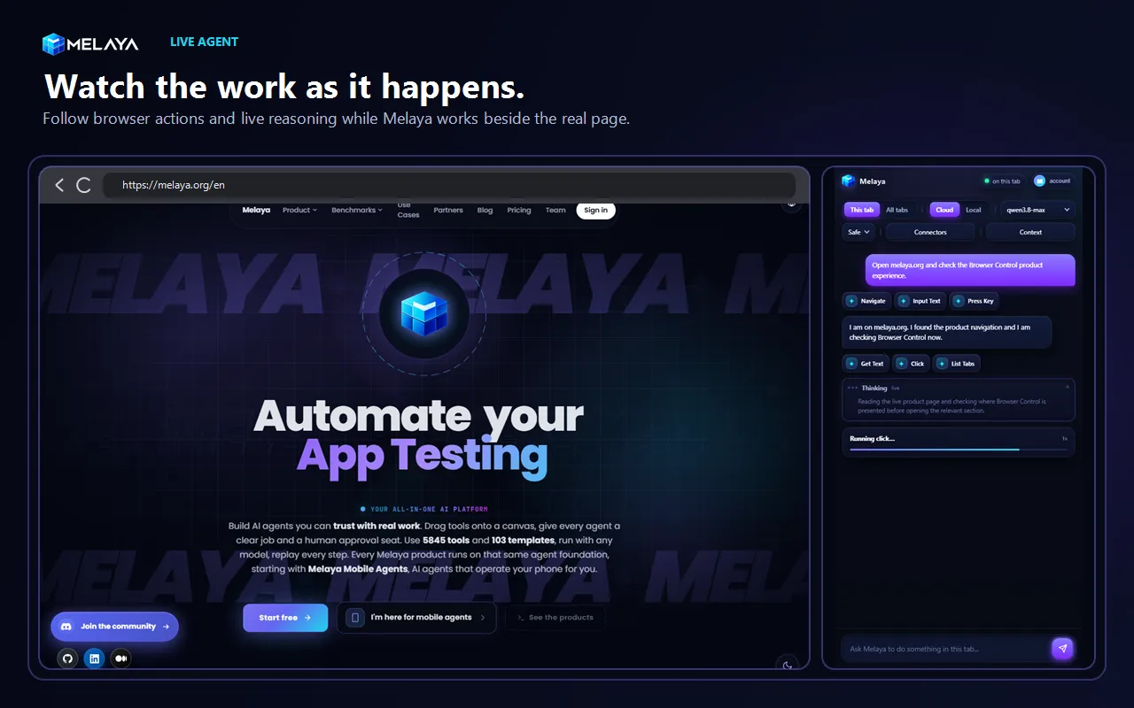 A real Melaya browser extension run showing a web page on the left and the complete agent side panel on the right with model, tab scope, tool calls, thinking, and progress