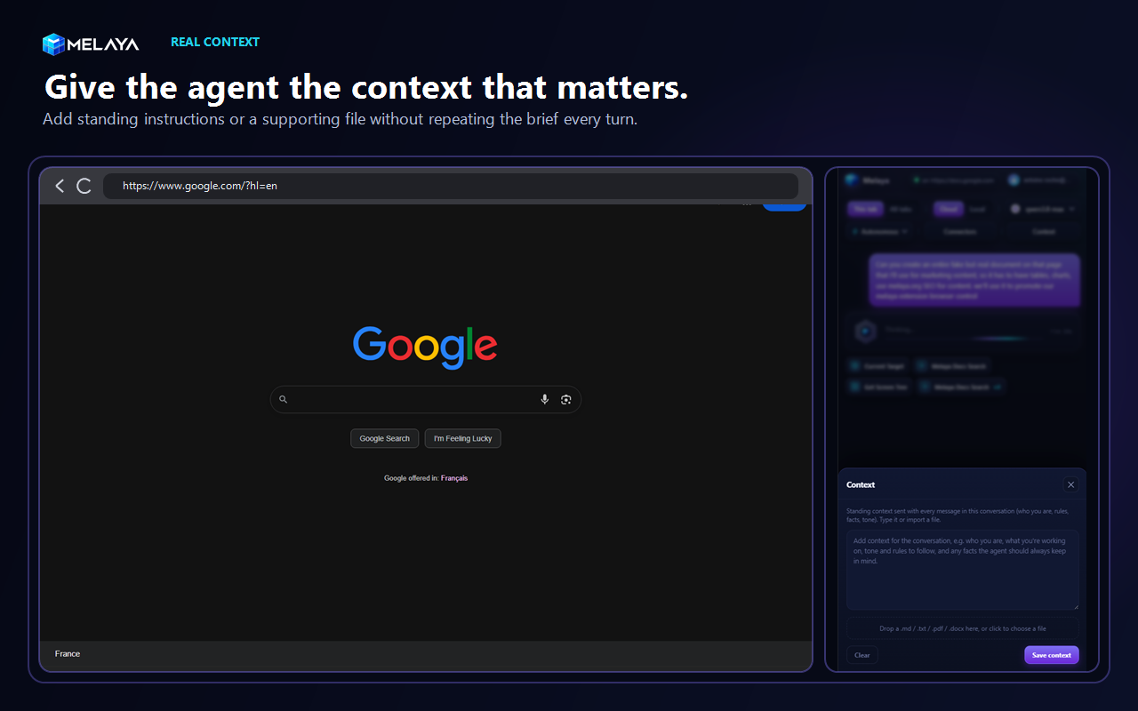 The Context panel in the Melaya browser extension with a field for persistent instructions and document upload