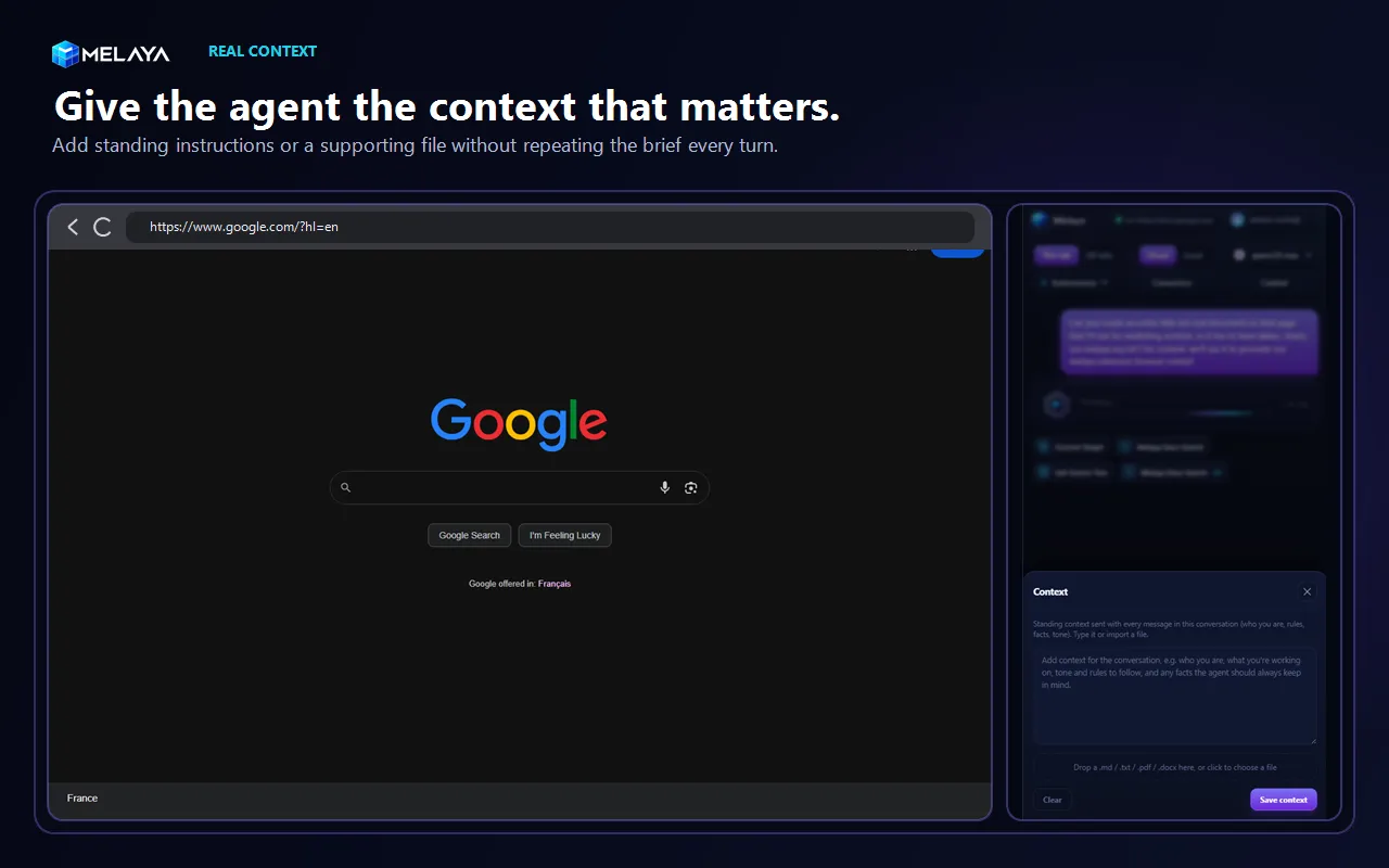 The Context panel in the Melaya browser extension with a field for persistent instructions and document upload