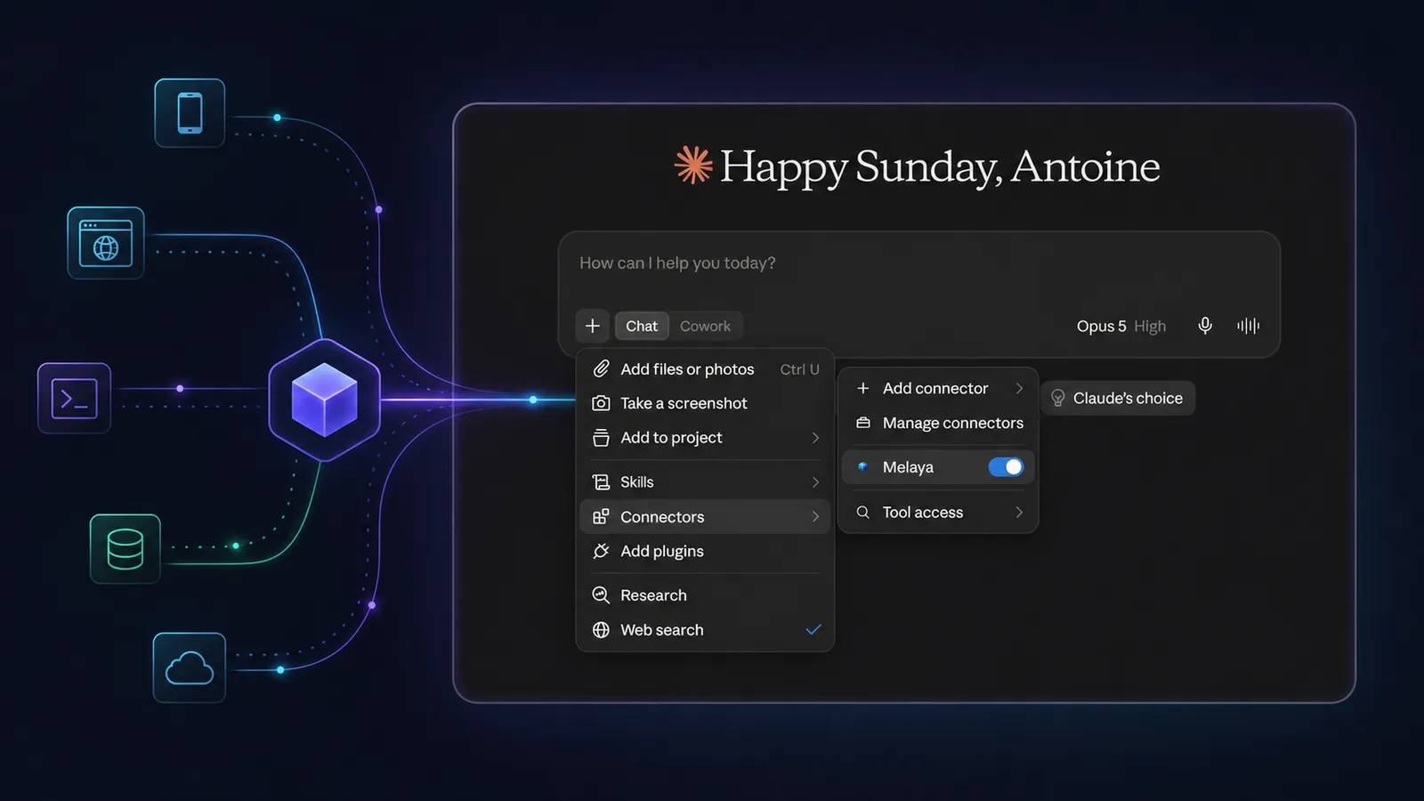 Melaya connected inside Claude through MCP, linking the AI conversation to browser, Android phone, pipeline and cloud capabilities