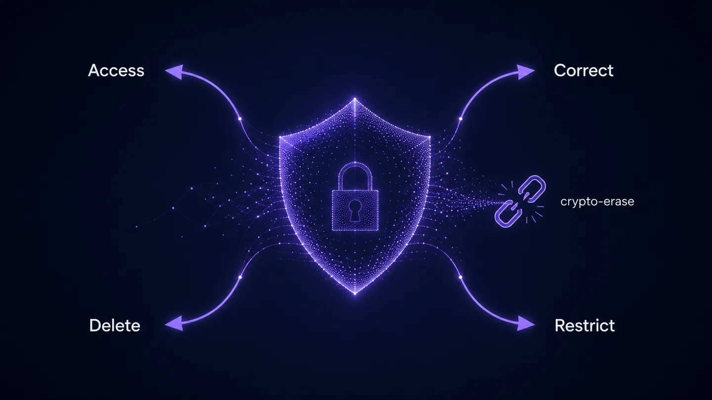 GDPR data-subject rights: self-serve access, correction, deletion, and restriction, with cryptographic erasure of stored credentials