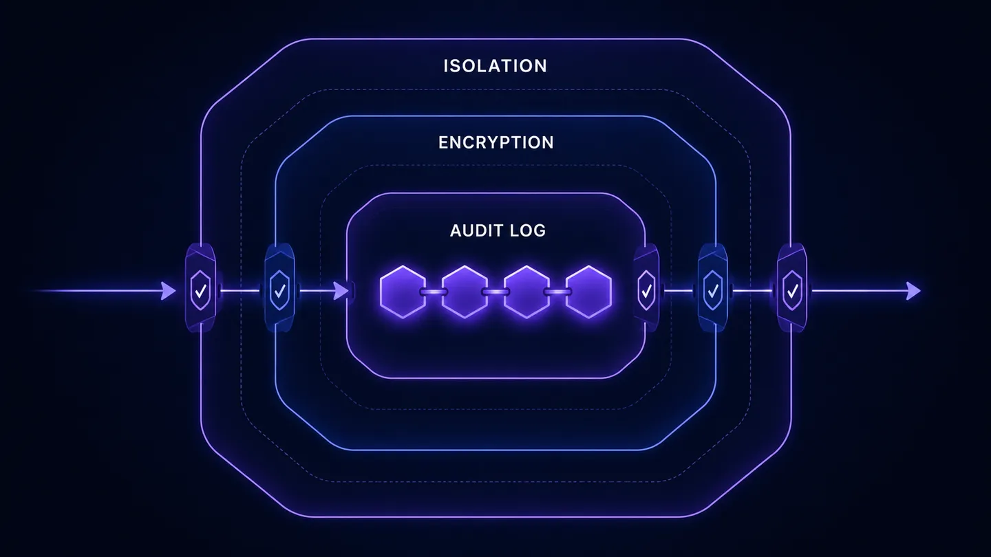 Three isolation layers: application-level scoping, database row-level security across 44 tables under 117 policies, and per-pipeline operating-system sandboxing