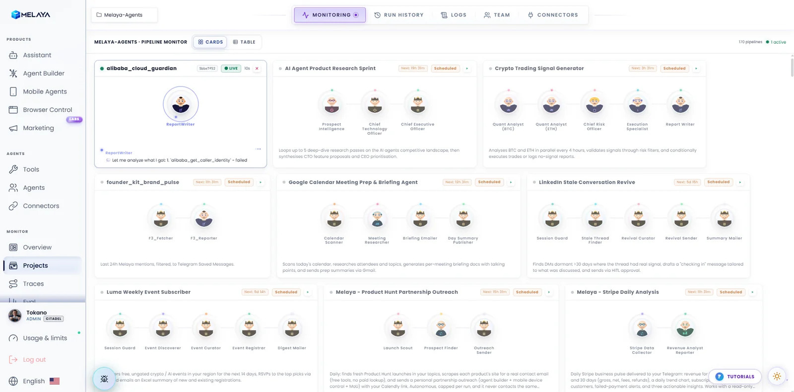Melaya project monitoring cards displaying agent pipelines, schedules, and live run activity