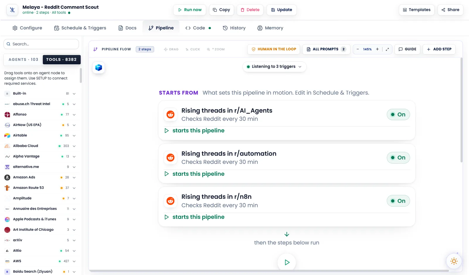 One of our own pipelines: three Reddit watchers check r/AI_Agents, r/automation and r/n8n for rising threads every 30 minutes and start the Reddit Comment Scout, each switchable on or off