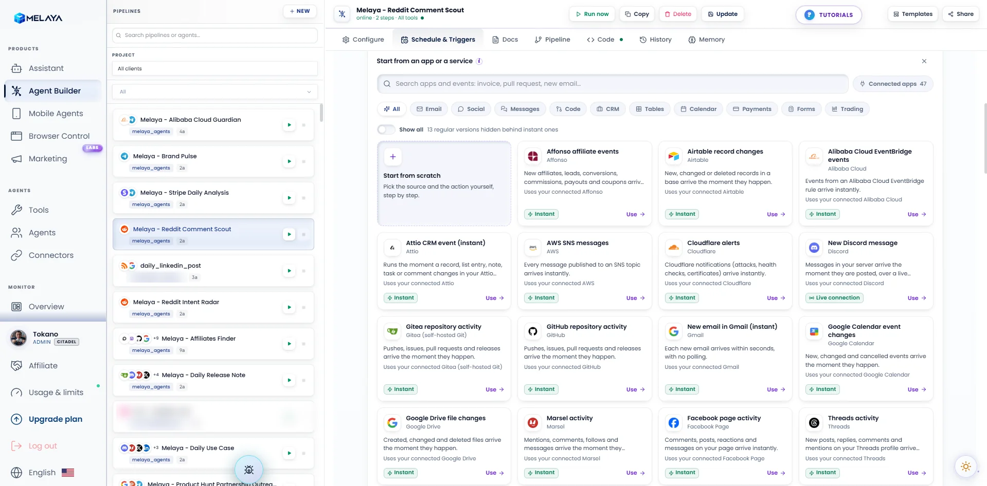 The Schedule & Triggers tab: pick an instant event from a connected app such as Gmail, GitHub, Airtable, Attio, Cloudflare, Discord, Google Calendar or Threads, or build a trigger from scratch