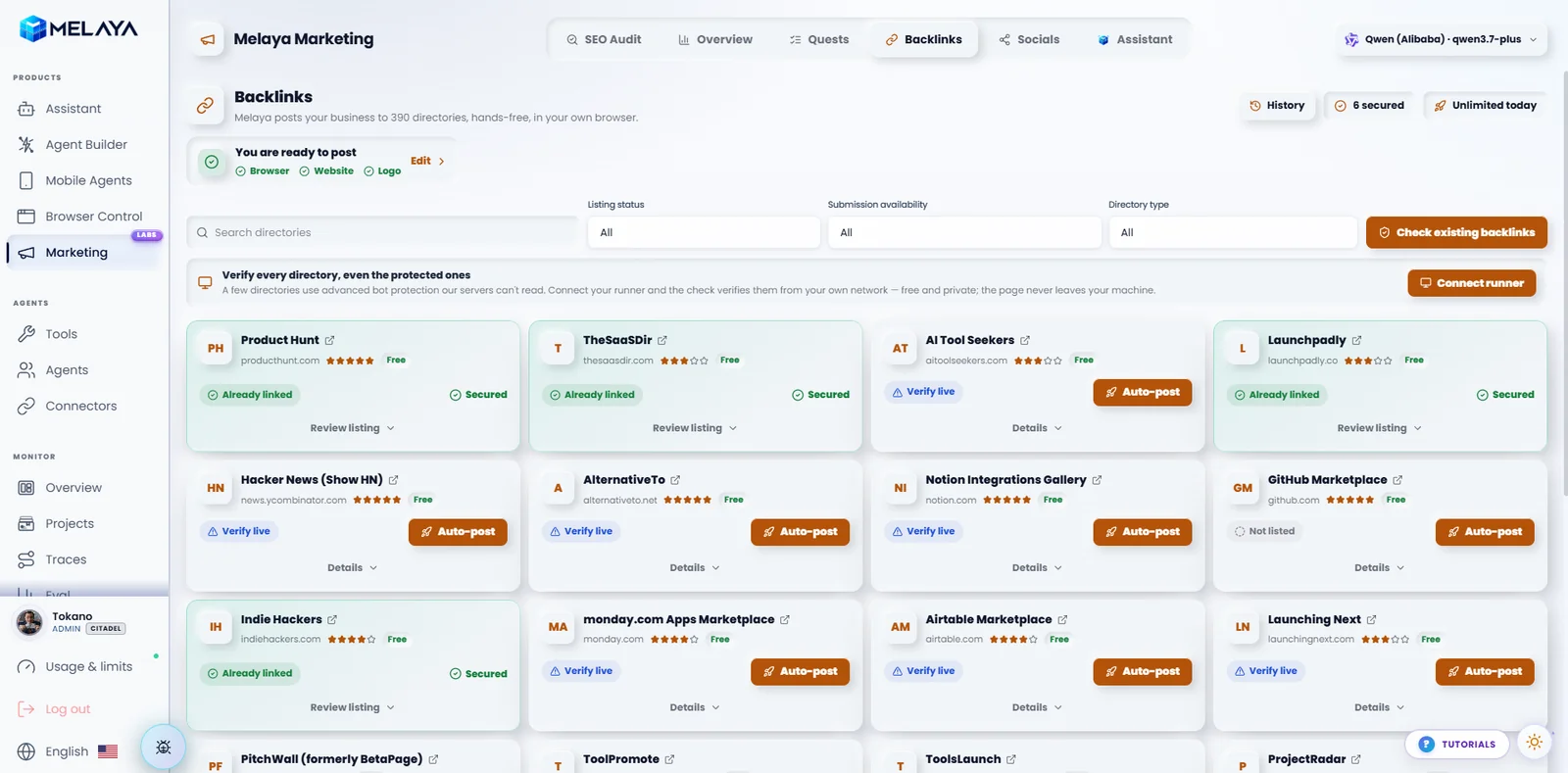 Melaya Backlinks workspace with directory cards, presence checks, and submission actions