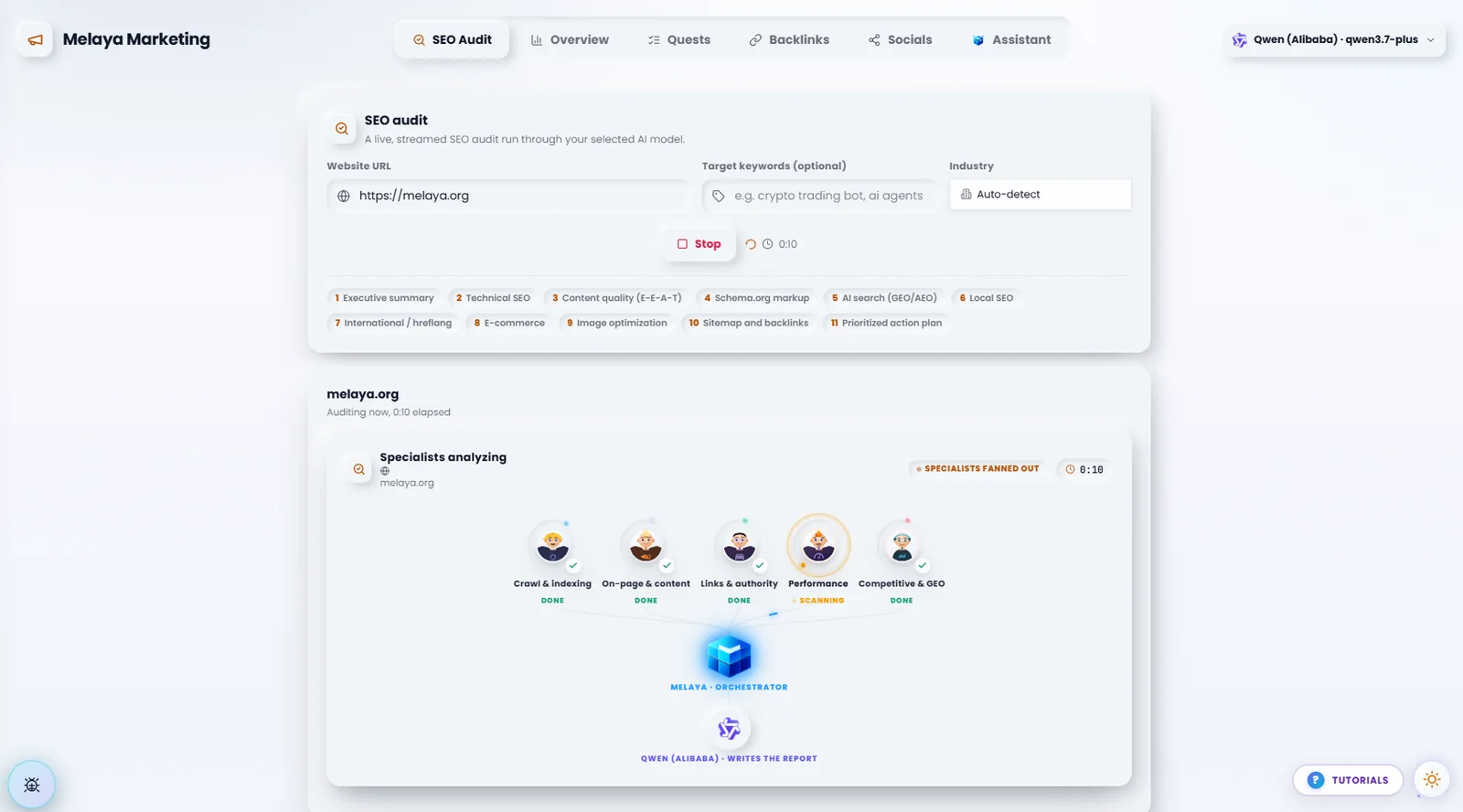 Melaya SEO Audit showing the website, selected AI model, and specialist analysis stages