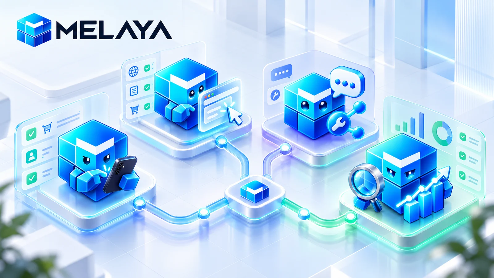 Four Melaya product mascots for Mobile Agents, Browser Agents, Assistant and Marketing connected around one governed AI execution layer