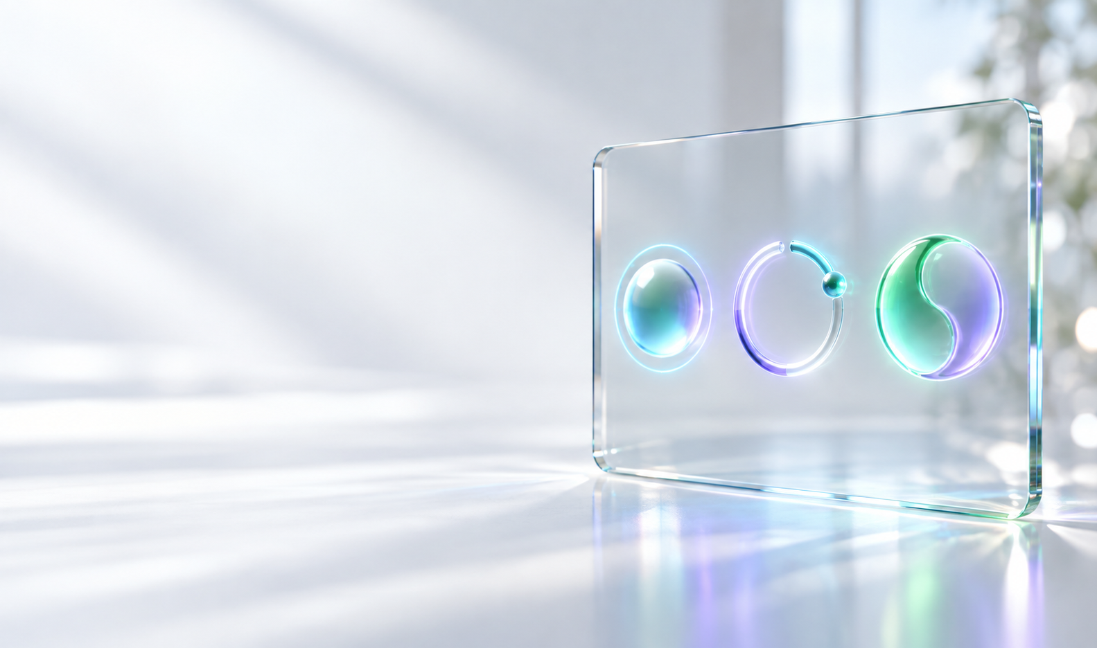 A luminous glass panel showing a choice, a score dial, and a yes-no probability, the three question types a System One model answers, in bright Melaya light